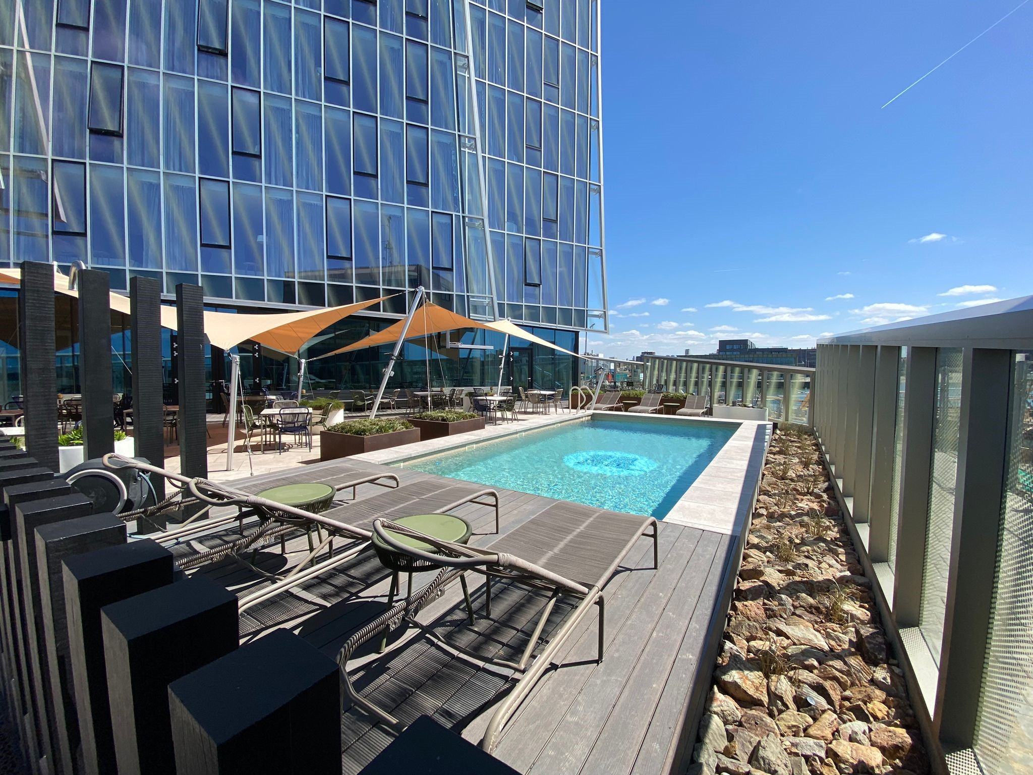 Modern hotel room with a view of the marina